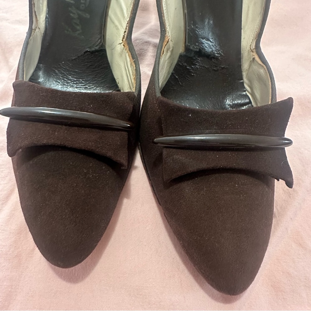 1950’s Brown Suede 3.5” Heels Vintage 8N Pointed Toe size 8 Kay King 40s 30s - Picture 9 of 9